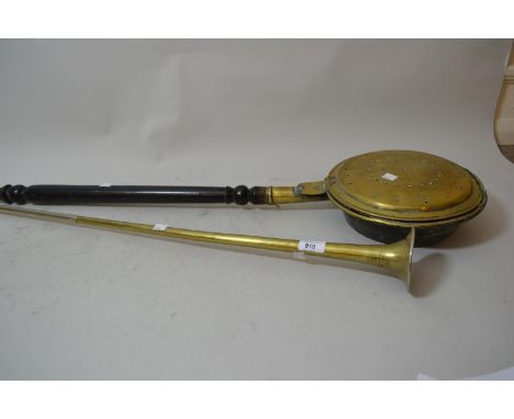 Brass post horn by Army and Navy, together with an antique brass warming pan 