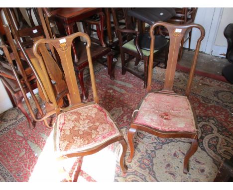 Pair of Art Nouveau side chairs with inlaid backs raised on cabriole front supports 