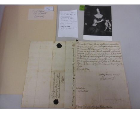 Manuscript letter in French from Mary of Modena, signed ' Votre Bon Amie Marie R ', to mother Francoise thanking her for her 