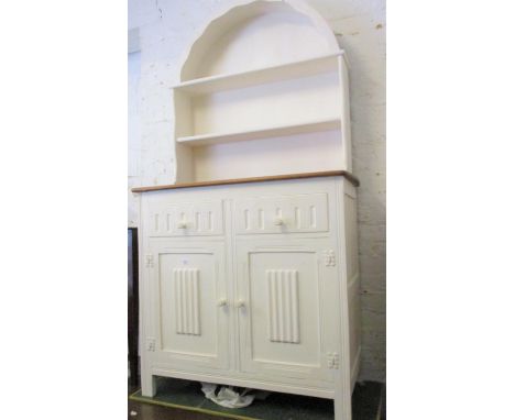 Small white painted elm dresser with an arched shelf back, together with a green painted two door cupboardWhite painted elm d
