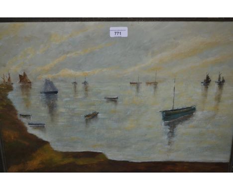 Oil on board, boats at anchor in a coastal inlet, housed in an architectural design frame, 17.5ins x 22ins 