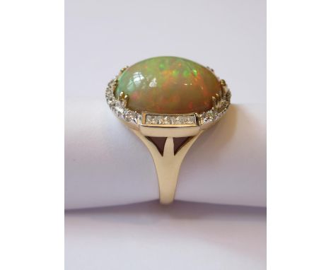 Large 18ct yellow gold opal and diamond ring, 10.2g, the opal 17mm x 14mm 