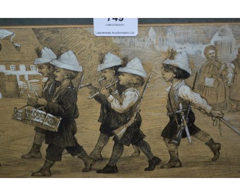 H. Meyer-Cassel, pen, ink and watercolour, children's village band together with a framed coloured lithograph ' Widecombe Fai