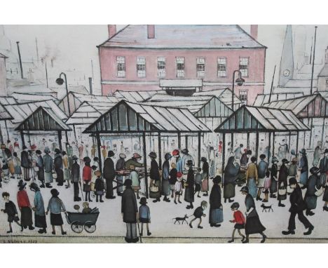 L.S. Lowry, coloured print, market scene in a Northern town, printed 1973 by Selford Museum and Art Gallery, published by Pat