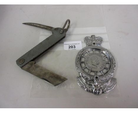 Royal Automobile Club car badge stamped MCE014333, together with a 1940's military pen knife with aluminium handle, engraved 