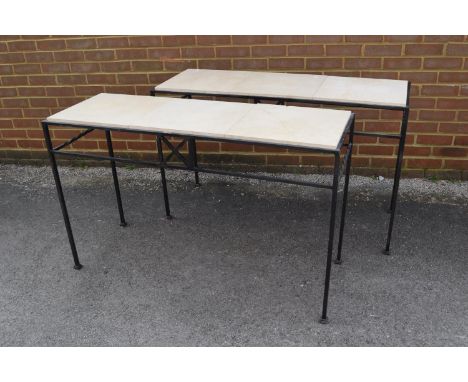 Pair of 20th Century rectangular wrought iron side tables, each with a triple tile inset top, 48.5ins wide (one tile at fault