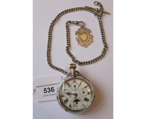 Swiss 935 mark silver cased keyless open face pocket watch, the enamel dial with Roman numerals and four subsidiary dials, mo