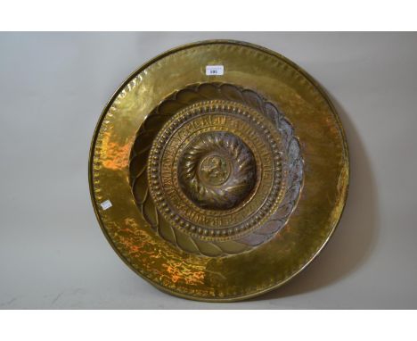 Large 16th / 17th Century brass alms dish, the raised centre panel with surrounding Latin inscription, together with an antiq