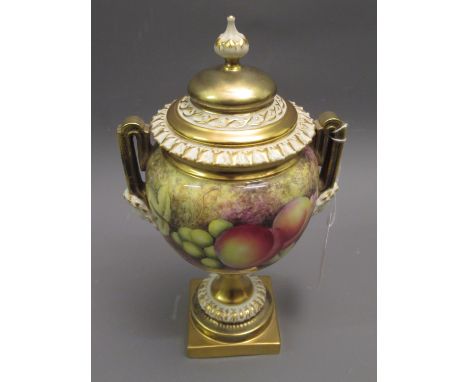 Modern Royal Worcester two handled pedestal vase and cover, painted with fruits by S. Roberts, black printed mark to the base