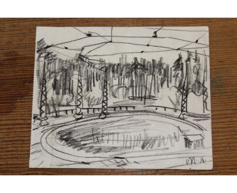 Michael Andres, charcoal on paper, possibly a view of a railway turntable, signed with initials M.A., 4.75ins x 5.75ins, unfr