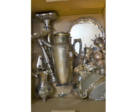 Art Deco plated cocktail shaker with built-in recipe finder, a pair of plated candlesticks and other miscellaneous items of s