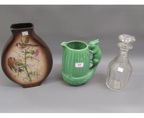 Sylvac green glazed pottery jug with squirrel handle together with a Rye Monastery pottery vase and a 19th Century cut glass 