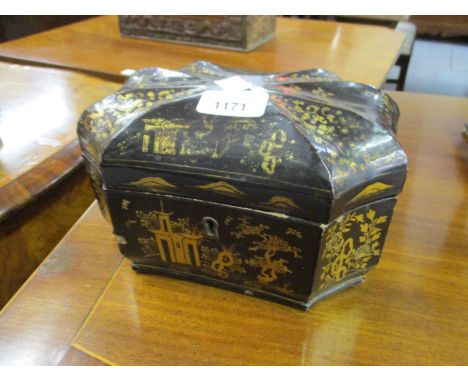 19th Century Chinese export lacquer tea caddy, the hinged cover enclosing a two division interior with zinc liners, the whole