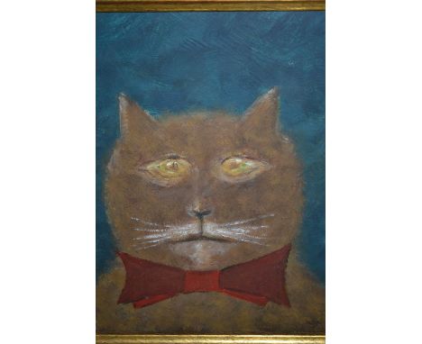 Oil on board, portrait of a cat with a bow tie, inscribed verso ' Fat Cat ', 10ins x 8ins 