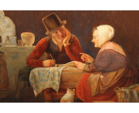 Joseph Dens, signed early 19th Century oil on panel, interior scene with figures seated at a table with a cat by their feet, 