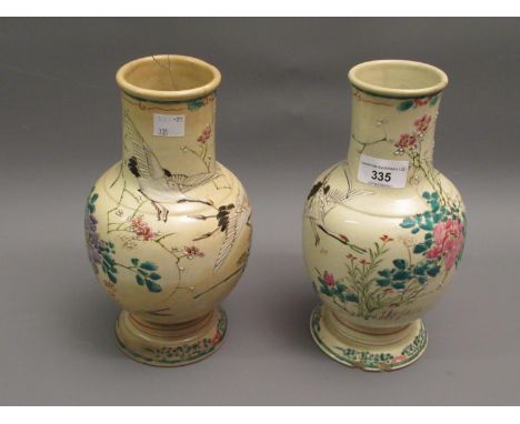 Pair of Japanese Satsuma pottery baluster form vases painted with birds in landscapes (at fault), 9.5ins high 