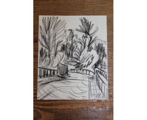 Michael Andrews, charcoal on paper, study of bridge and trees, signed with initials M.A., 4.75ins x 5.75ins, unframed.  Prove