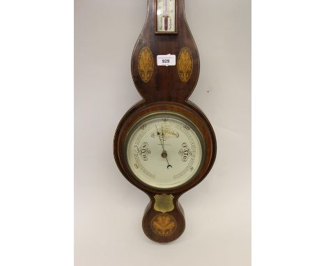 Edwardian mahogany marquetry and line inlaid banjo shaped aneroid barometer thermometer 