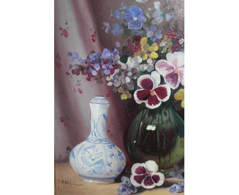 Paul Morgan, pair of oil paintings on panel, still life with flowers and pottery on a table top, 6.5ins x 4.5ins each, gilt f