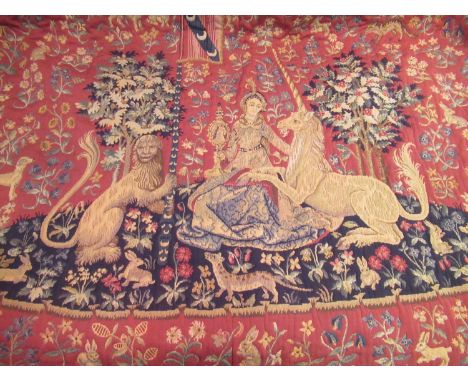 Reproduction machine tapestry, figures and animals in a garden, 35ins x 48ins 