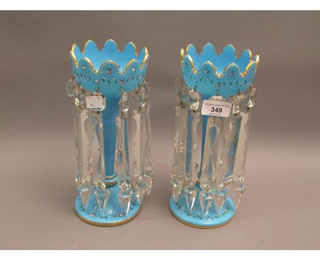 Pair of 19th Century Bohemian pale blue opaque glass lustres with painted enamel floral decoration and prismatic glass drops 