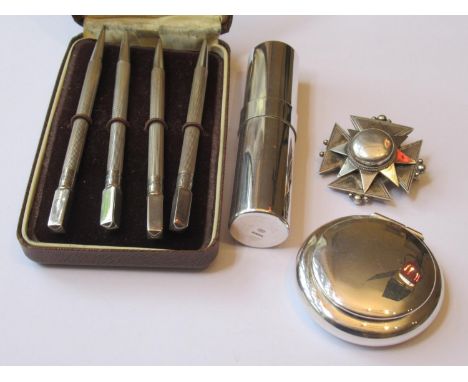 Cased set of four sterling silver bridge markers, Victorian presentation silver brooch, modern silver miniature compact and l