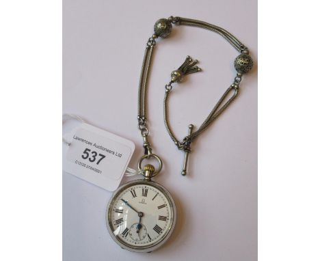 Small Omega nickel cased keyless open face pocket watch, the enamel dial with Roman numerals and subsidiary seconds, suspende