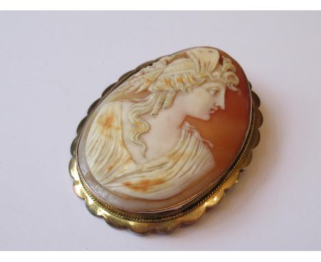 Oval 9ct gold mounted carved shell cameo portrait brooch, 66mm x 52mm 