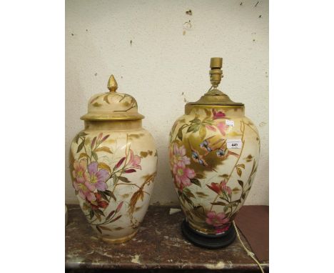Large Royal Bonn baluster form vase and cover, 20ins high, together with its pair adapted for use as a lamp (cover lacking) 