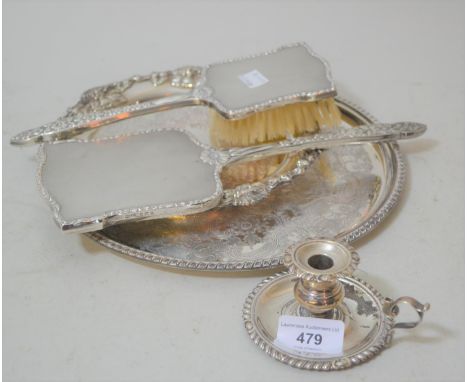 Birmingham silver floral engraved and engine turned dressing table mirror and brush, Scottish silver chamberstick (lacking sn