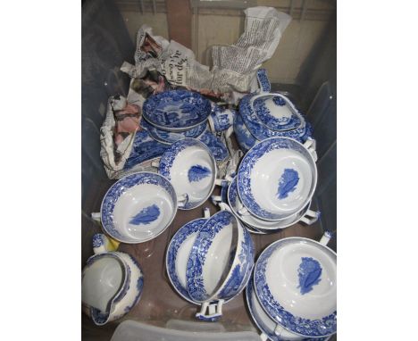 Quantity of blue and white transfer printed Copeland Spode Italian pattern ceramics including: teapot, salt and pepper condim