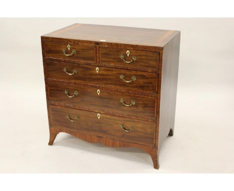 George III mahogany straight front chest, the triple crossbanded flush top above two short and three long graduated drawers w