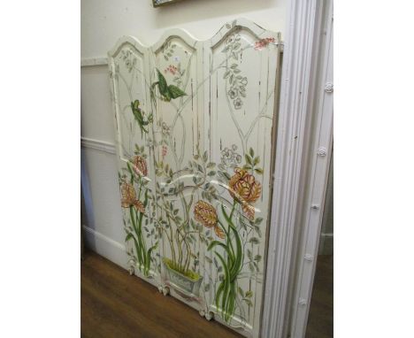 Three panel room divider screen hand painted with a design of exotic birds and flowers on a cream distressed ground, each pan