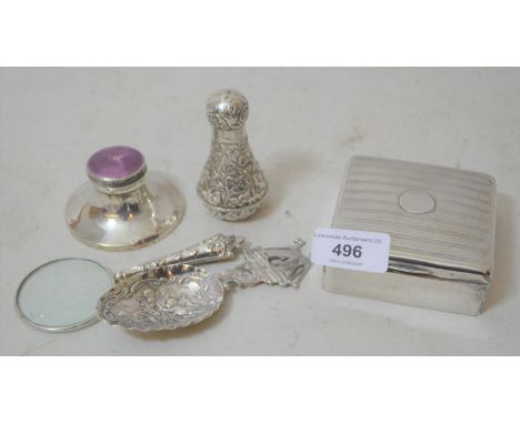 Dutch silver spoon, an enamel decorated silver miniature capstan inkwell, silver handled magnifying glass, perfume bottle and