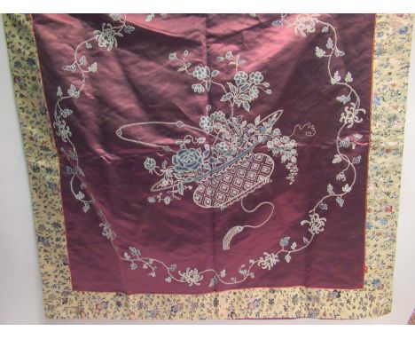 Chinese square floral silk embroidered panel on a mauve ground, 35ins square 