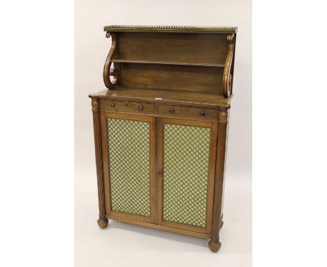 Small Regency rosewood chiffonier, the galleried shelf back with scroll supports, the base with two gadroon moulded drawers w