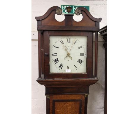 Early 19th Century oak and mahogany crossbanded longcase clock, the square hood with swan neck pediment above a rectangular p