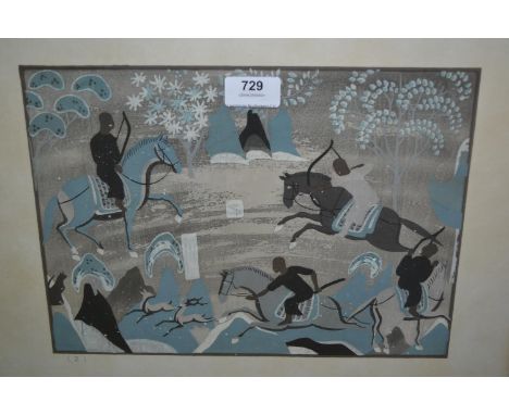 Mid 20th Century lithograph, hunting figures on horseback, No. 2, 8.5ins x 12ins, framed together with a Chinese colour print