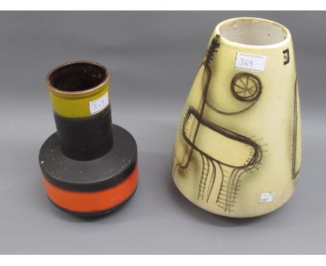 Large 20th Century stoneware table lamp with shade, 52ins high including shade together with two German stoneware vases (one 