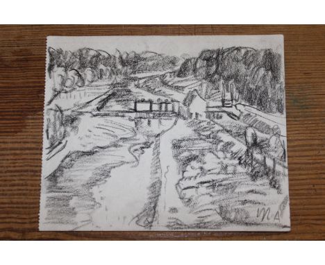 Michael Andrews, charcoal on paper, landscape with buildings, signed with initials M.A., 4.75ins x 5.75ins, unframed.  Proven