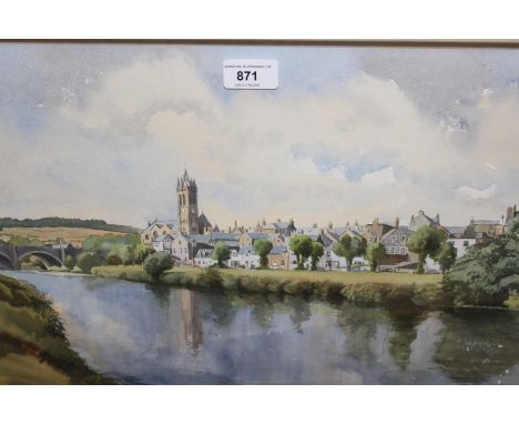 Eric Johnstone, watercolour, river and town scene, 13ins x 19ins, together with a watercolour, portrait of a young lady, wate