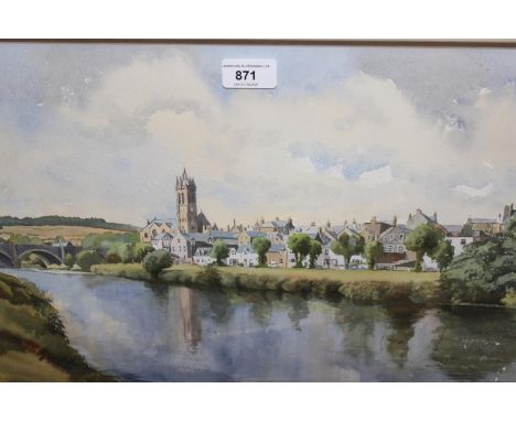 Eric Johnstone, watercolour, river and town scene, 13ins x 19ins, together with a watercolour, portrait of a young lady, wate