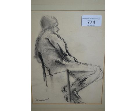 Framed charcoal drawing, portrait of a seated lady, signed Kramer, together with a pair of sepia drawings, figure studies, la