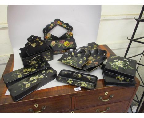 Collection of 19th Century painted papier mache items comprising:  circular tray, pen tray, two wall letter holders, large li