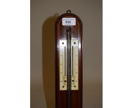 George III mahogany line and shell inlaid stick barometer, the ivory scale with twin adjustable verniers, the exposed mercury