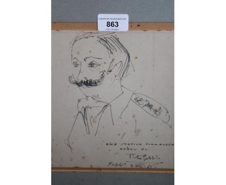 Tito Gobbi (Italian opera singer), pen and ink drawing ' The Station Commander ', signed and dated '28 to '46, 7.75ins x 6.75