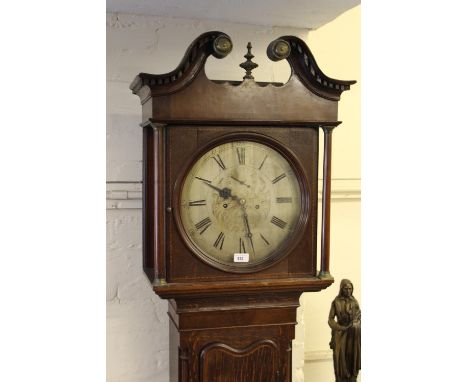 19th Century oak and mahogany longcase clock with chequer line inlay, the broken arch hood above a moulded panel door flanked