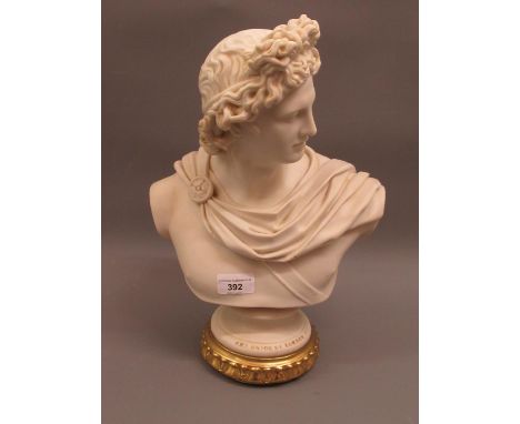 19th Century Parian bust of Apollo after C. Delpech, published by the Art Union of London, February 1st, 1861, mounted on a l