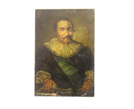 Small 18th Century oil on copper panel, half length portrait of a gentleman with ruff collar and cuffs, housed in a rectangul