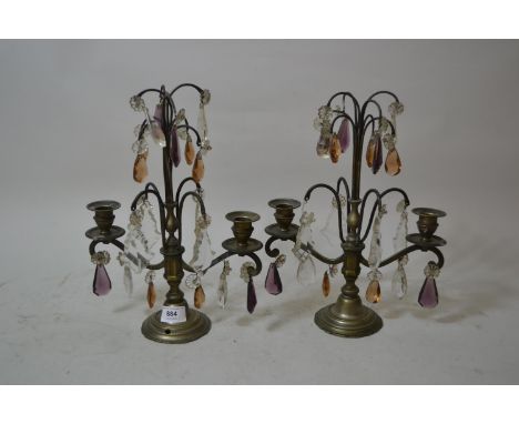 Pair of 20th Century metal twin light candelabra with clear and coloured prismatic glass drops (bases drilled) 